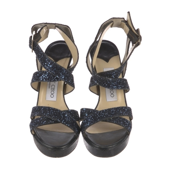 Jimmy Choo Blue Glitter Sparkle Sandals sz 37EU - Picture 2 of 4